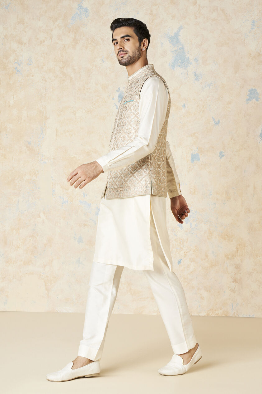 Rayan Embroidered Silk Nehru Jacket - Ivory, Ivory, image 2