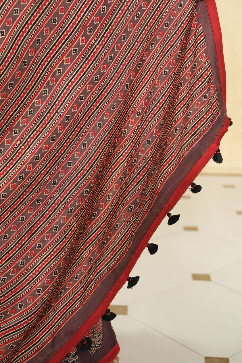 Baadiyah Ajrakh Hand-block Printed Saree - Brown, Brown, image 6