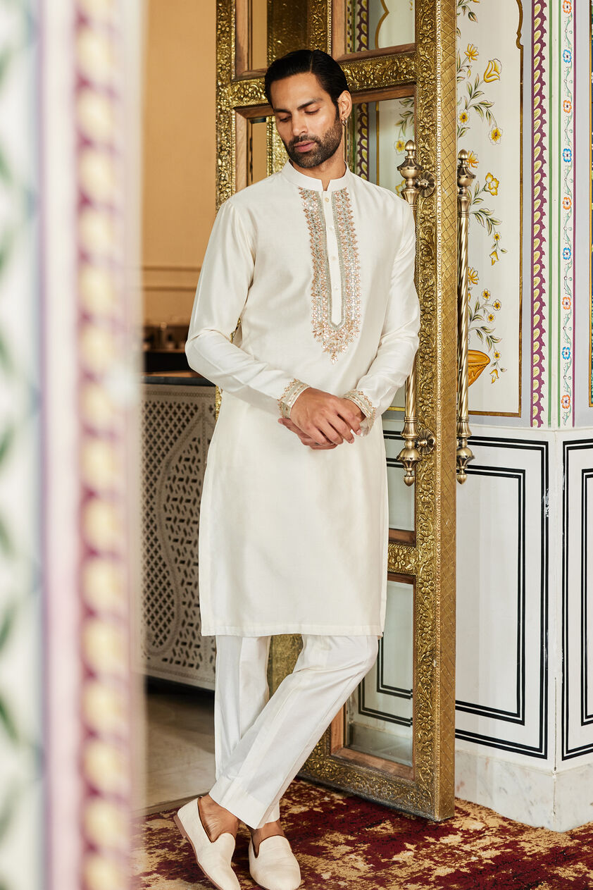 Saaket Gota Patti Silk Kurta - Ivory, Ivory, image 1