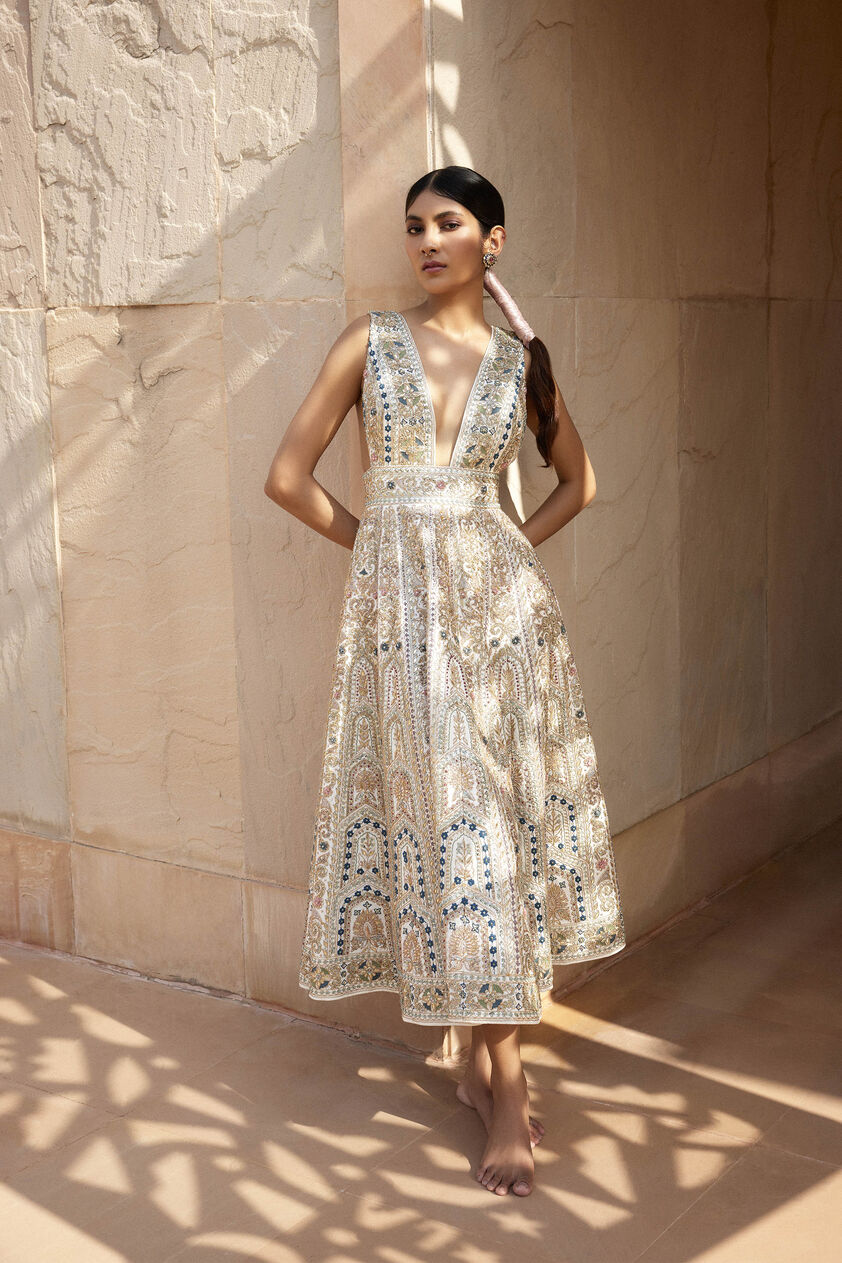 Mihika Zardozi & Gota Patti Silk Dress - Ivory, Ivory, image 5