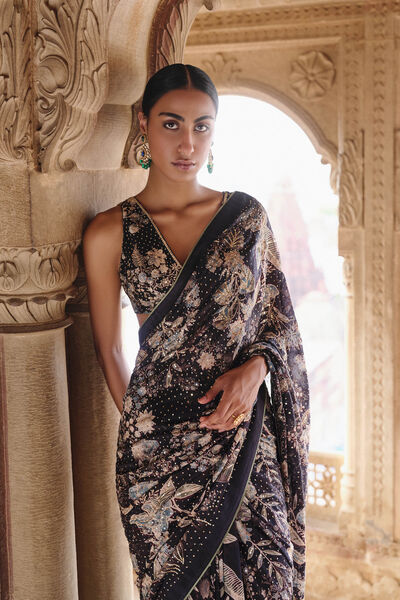 Izar Printed Sequin Saree - Black