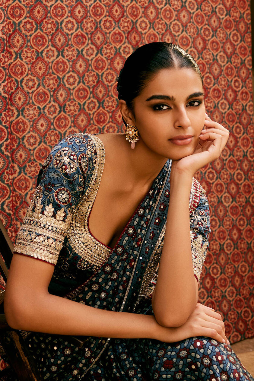 Akari Ajrakh Hand-block Printed Choli - Blue, Blue, image 1