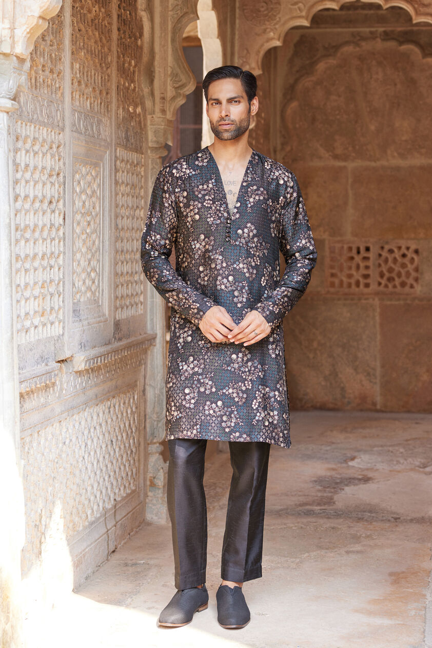 Rukham Printed Silk Kurta - Black, Black, image 1