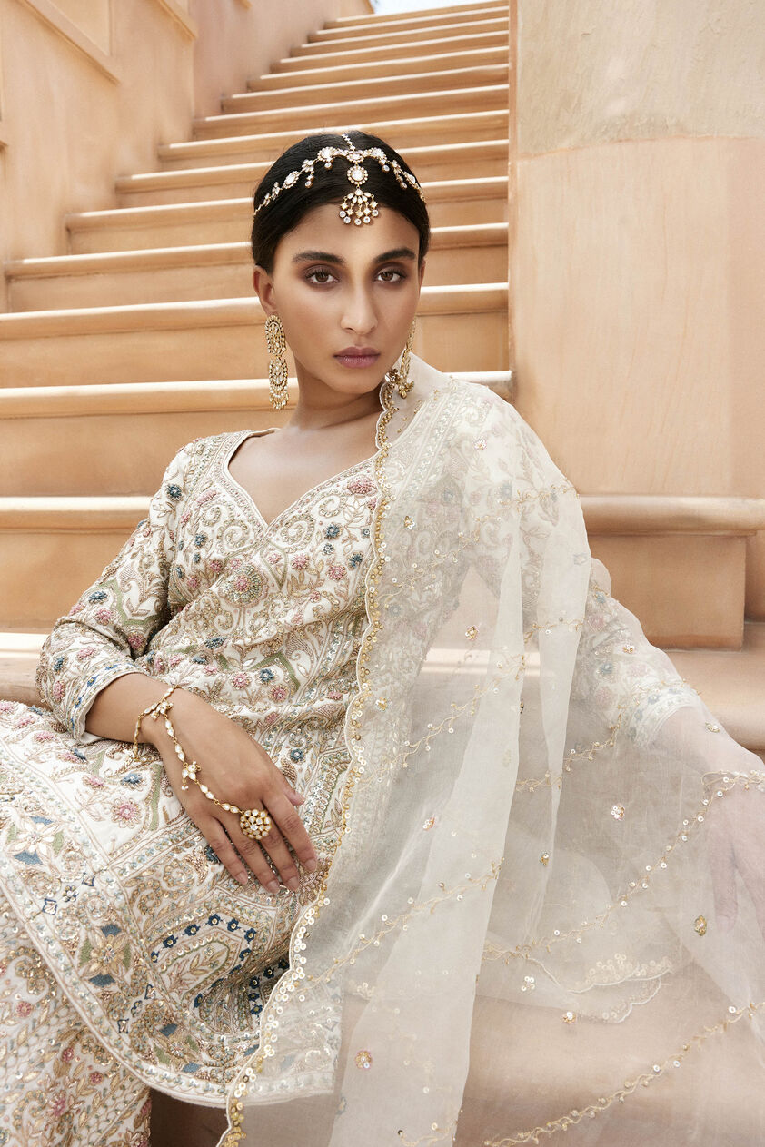 Chand Gota Patti & Resham Silk Gharara Set - Ivory, Ivory, image 4