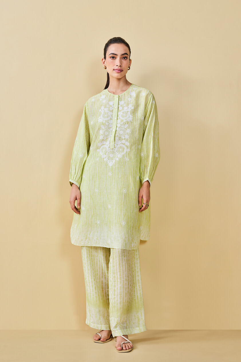 From The Mountain Hand-embroidered Chikankari Co-ord  - Lime, Lime, image 3