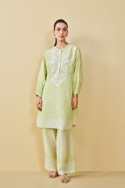 From The Mountain Hand-embroidered Chikankari Co-ord  - Lime