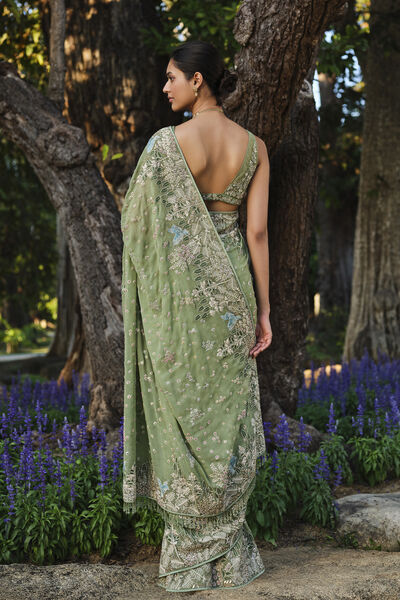 Elodea Embroidered Georgette Saree - Sage