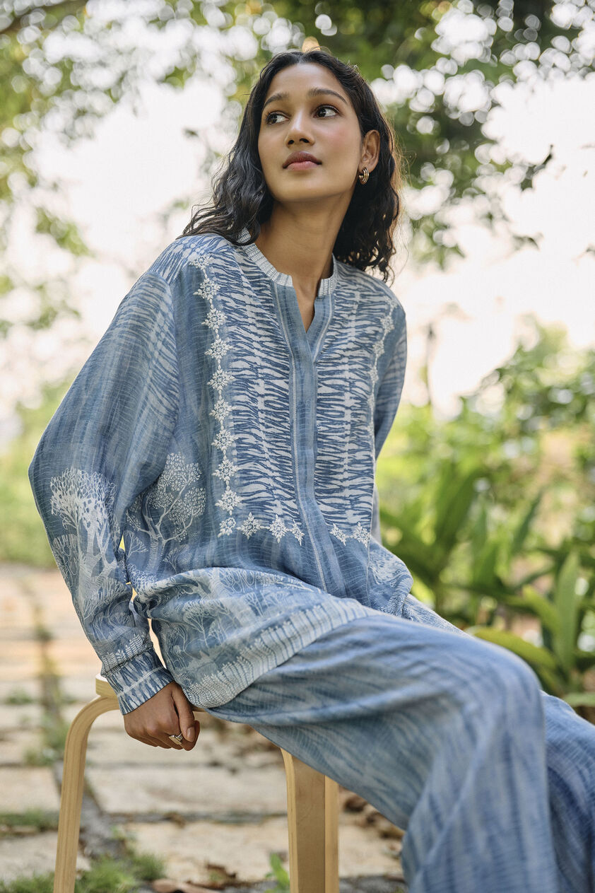 Creek Hand-embroidered Chikankari Linen Coord - Blue, Blue, image 3