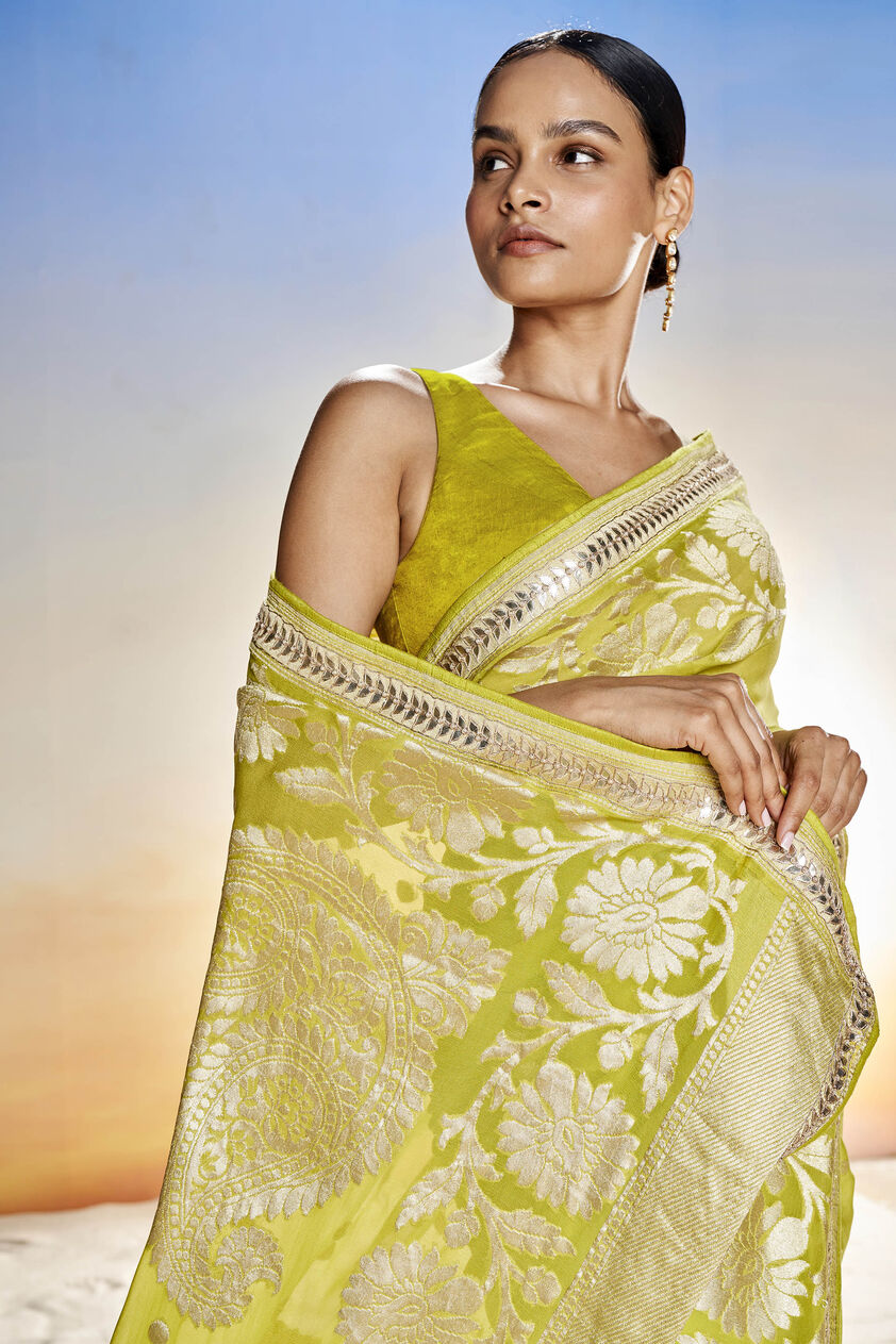 Abhinaya Benarasi Silk Embroidered Saree, Lime, image 5