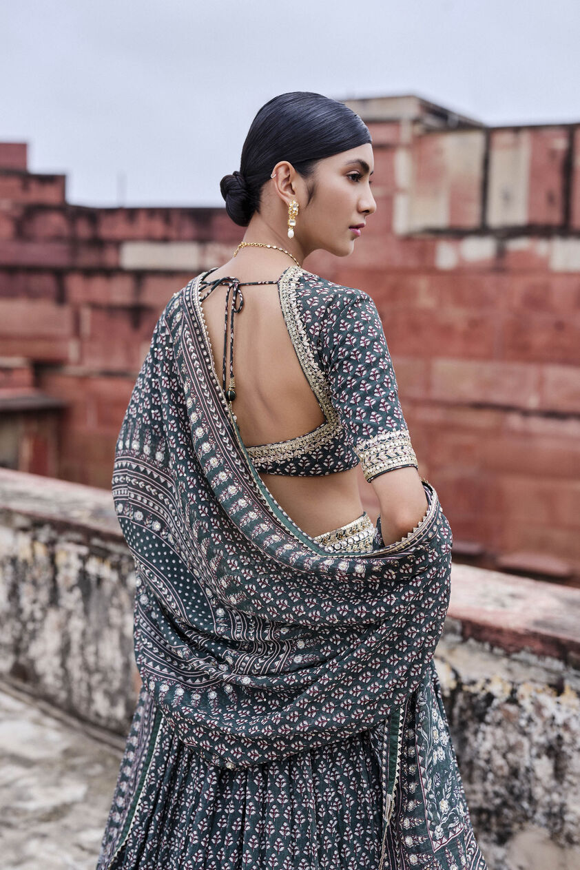 Arvia Printed Mul Lehenga Set - Green, Green, image 5