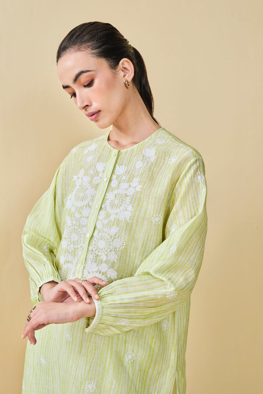 From The Mountain Hand-embroidered Chikankari Co-ord  - Lime, Lime, image 7