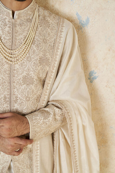 Shay Embroidered Silk Dupatta - Ivory