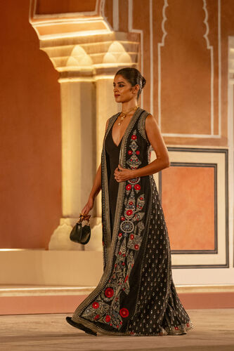 Symphony Of Flowers Embroidered Zardozi Silk Jacket Set - Black, Black, image 10