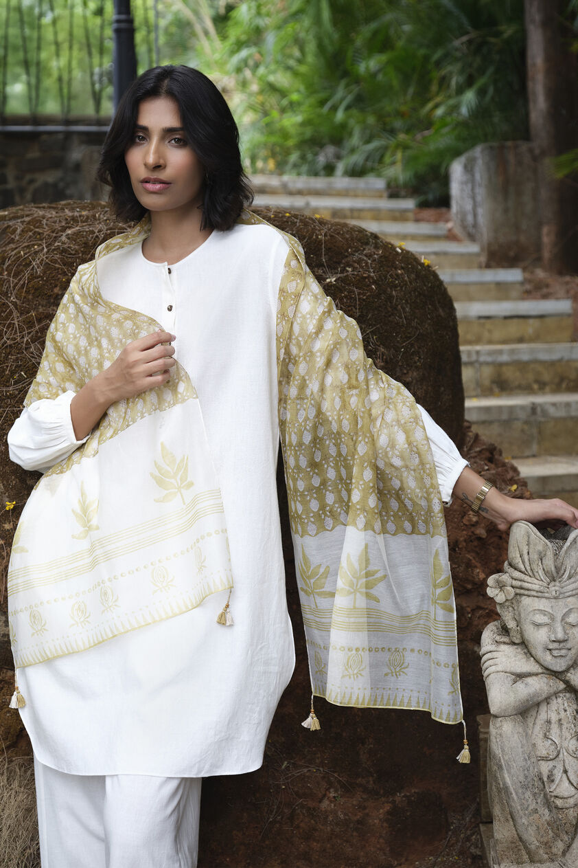 Damara Hand-block Printed Mul Stole - Mustard, Mustard, image 1