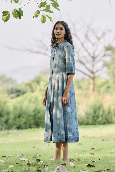 Pond Printed Linen Dress - Blue