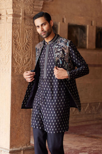 Saamir Printed Silk Nehru Jacket - Black, Black, image 1