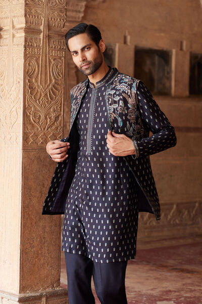 Saamir Printed Silk Nehru Jacket - Black
