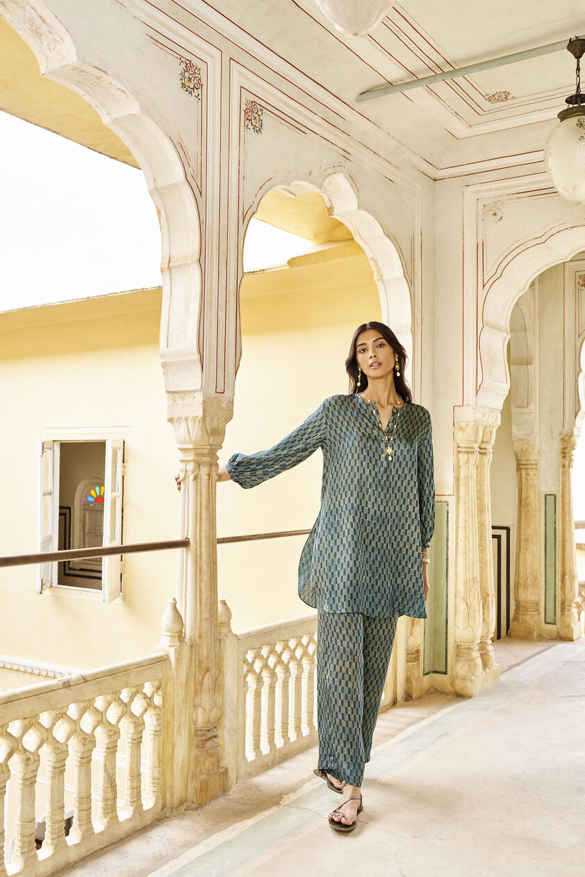 Mangrove Hand-block Printed Gold Khadi Coord - Emerald, Emerald, image 1