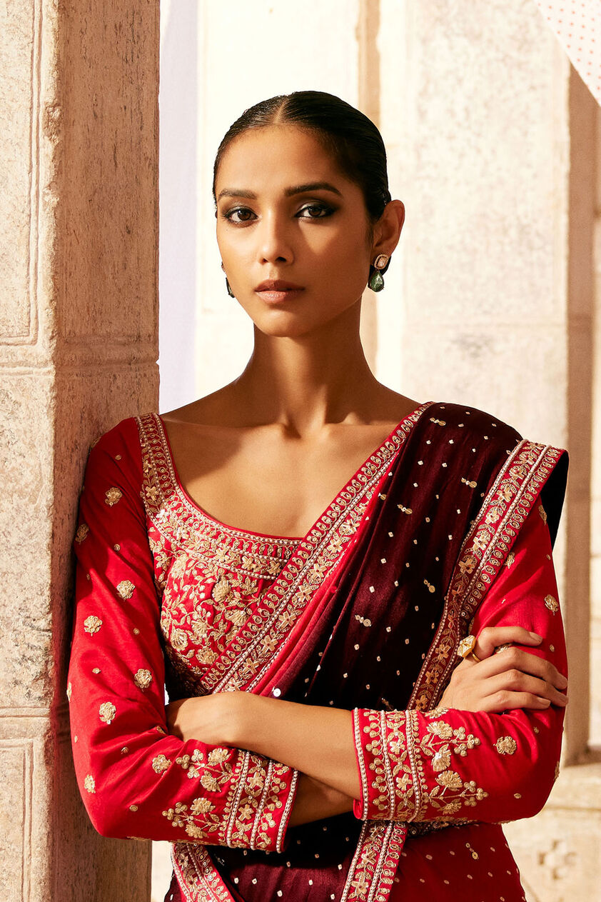 Sarovar Handcrafted Bandhani Silk Choli - Red, Red, image 1