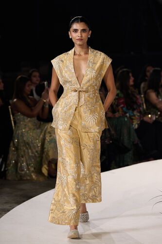 Summerfern Embroidered Applique Silk Pant Set - Gold, Gold, image 1