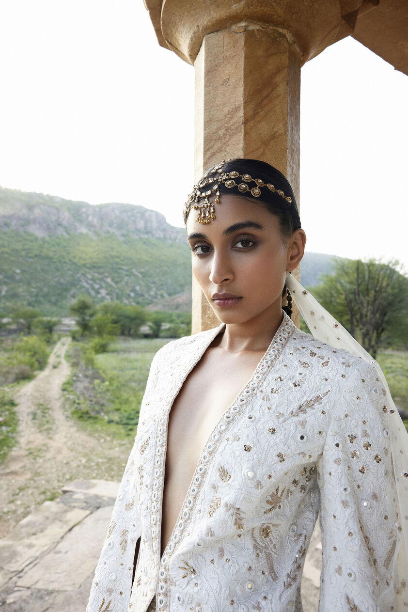 Sikara Mirror & Zardozi Silk Gharara Set - Ivory, Ivory, image 3
