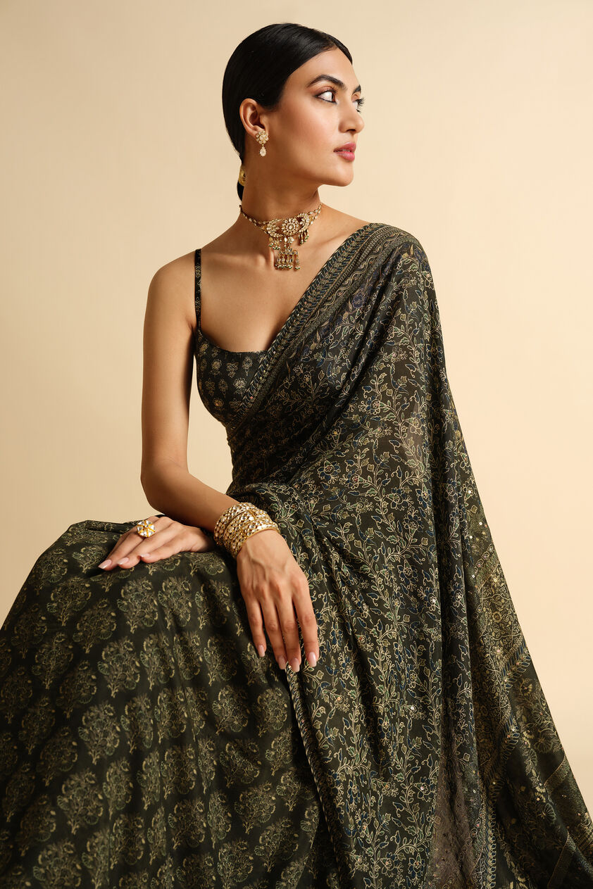 Apramiti Sequin Saree - Green, Green, image 3