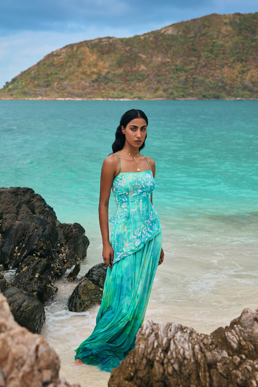 Cadenza Georgette Asymmetrical Skirt Set - Aqua, Aqua, image 5