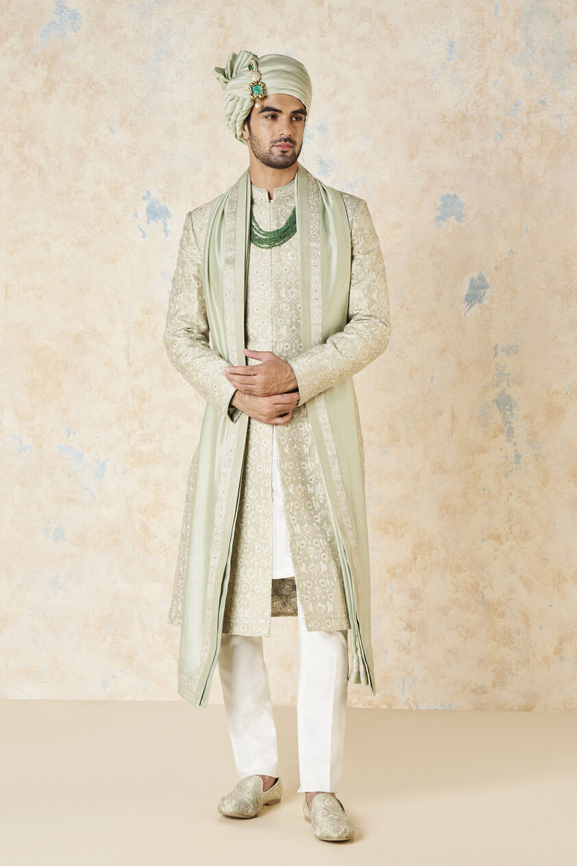 Aajay Zardozi & Aari Silk Sherwani - Sage, Sage, image 1