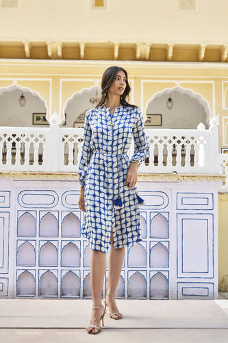 Fresco Hand-block Print & Gold Khadi Dress - Indigo, Indigo, image 1