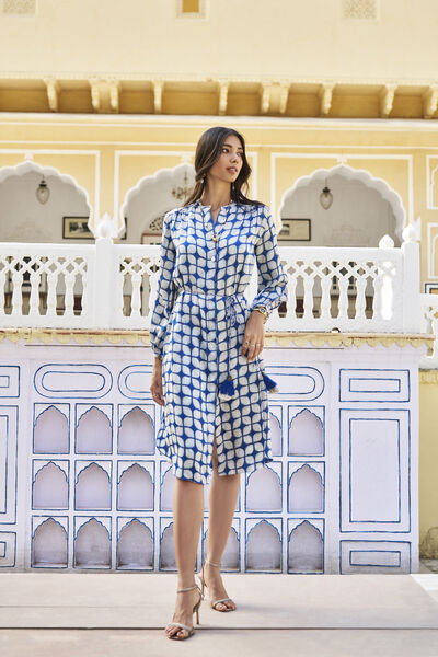 Fresco Hand-block Print & Gold Khadi Dress - Indigo