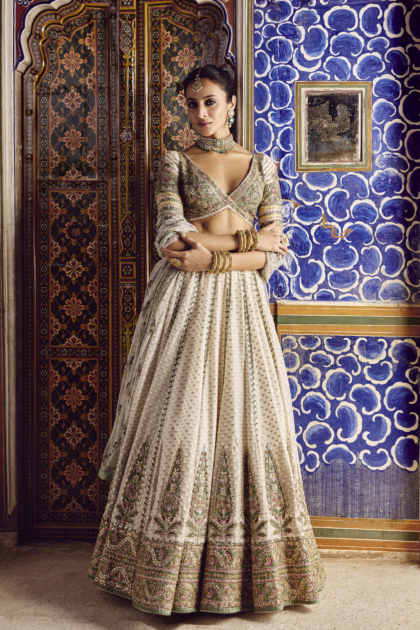 Sarojam Handwoven Benarasi Lehenga Set - Ivory, Ivory, image 1