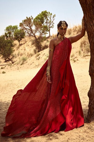 Kaira Off-Shoulder Bandhani Gown - Red