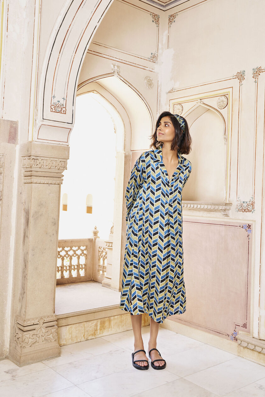 Idyll Ajrakh Hand-block Printed Dress - Green, Print, image 1