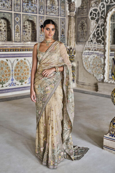 Suramya Embroidered Zardozi Silk Saree - Gold