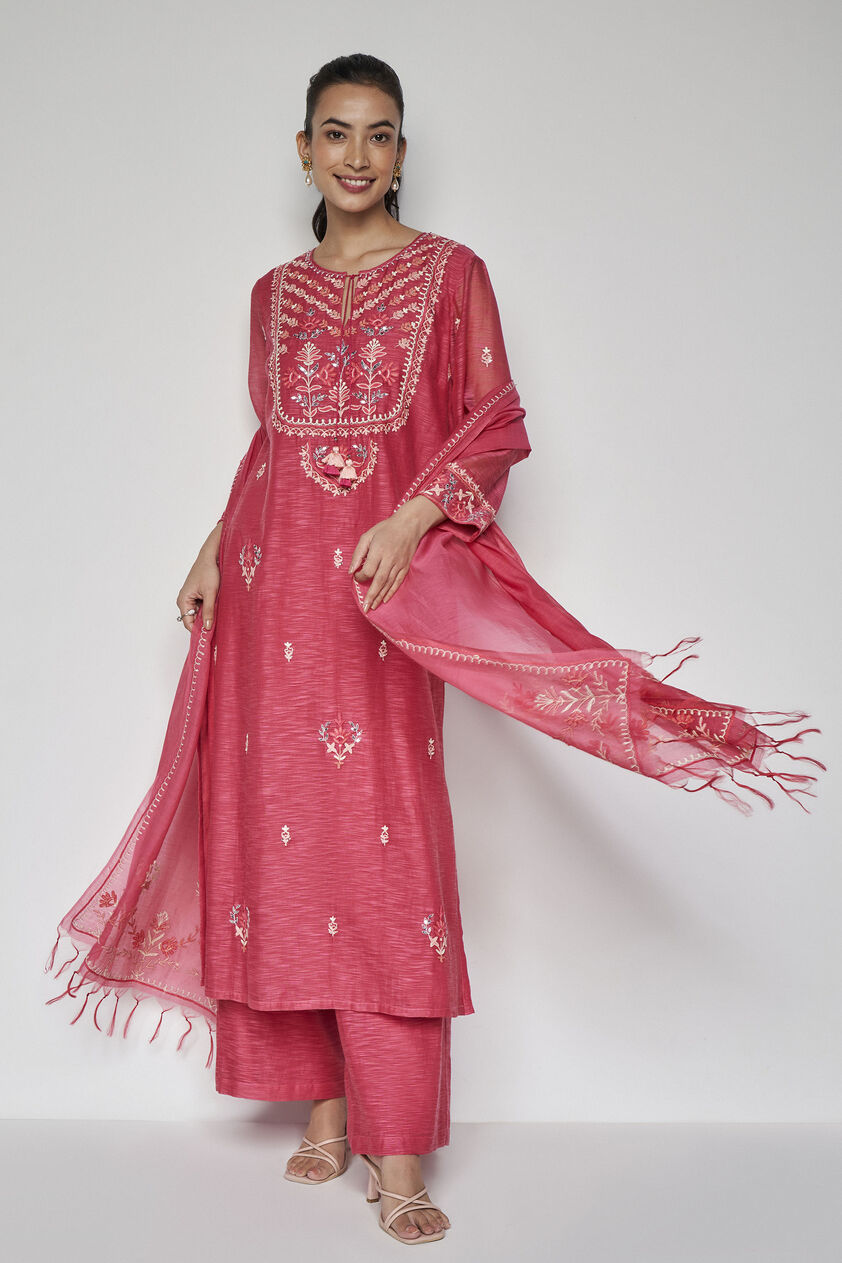Dhara SEWA Hand-embroidered Mul Suit Set - Raspberry, Raspberry, image 1