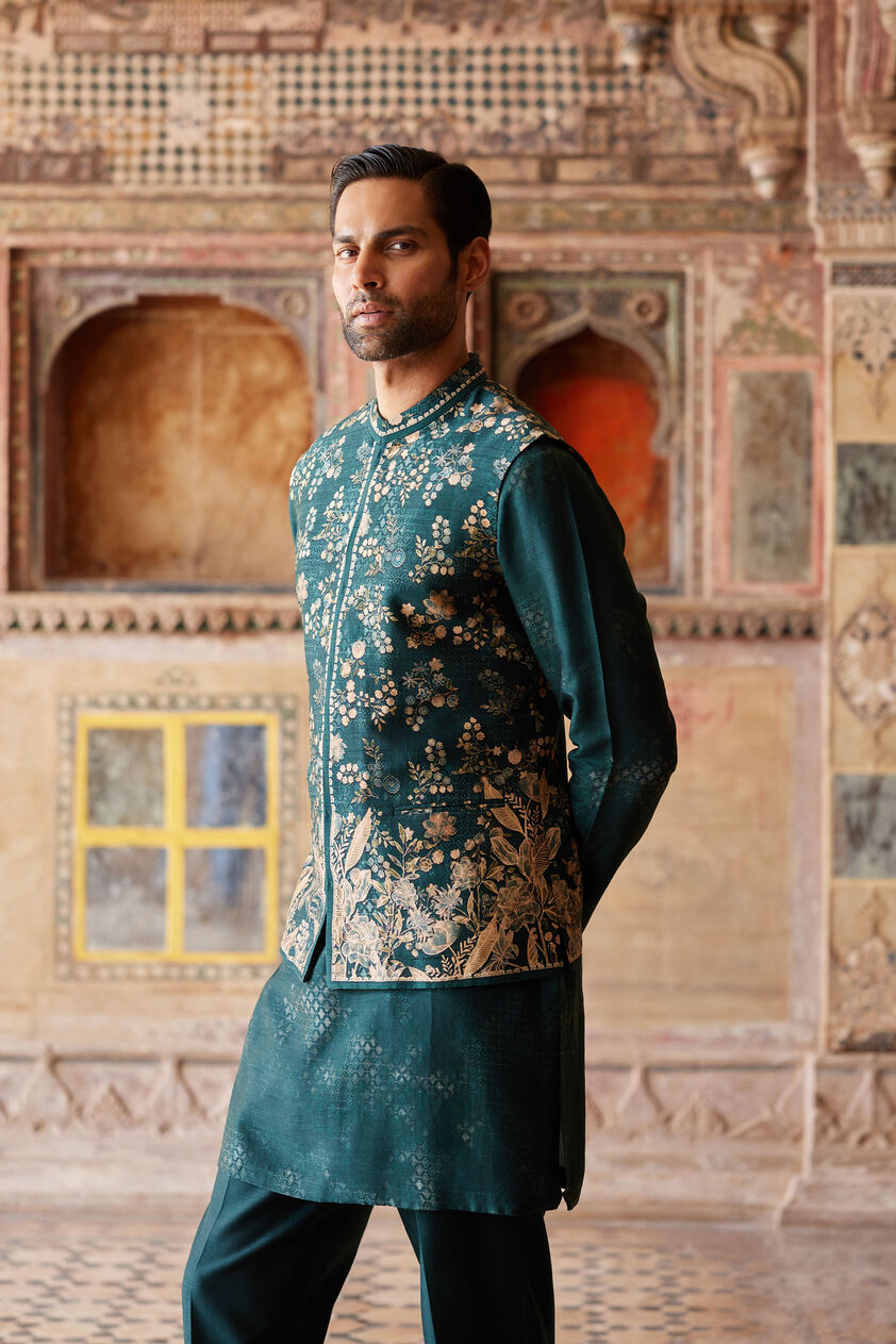 Hirav Printed Silk Nehru Jacket - Green, Green, image 1