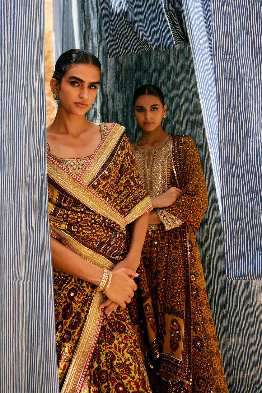 Kasano Ajrakh Hand-block Printed Silk Suit Set - Mustard, Mustard, image 4