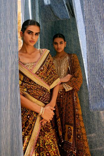 Kasano Ajrakh Hand-block Printed Silk Suit Set - Mustard, Mustard, image 4