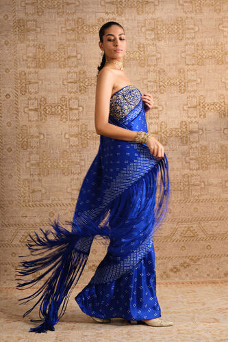 Tarangita Handcrafted Bandhani Fringe Silk Pre-draped Saree - Blue, Blue, image 3