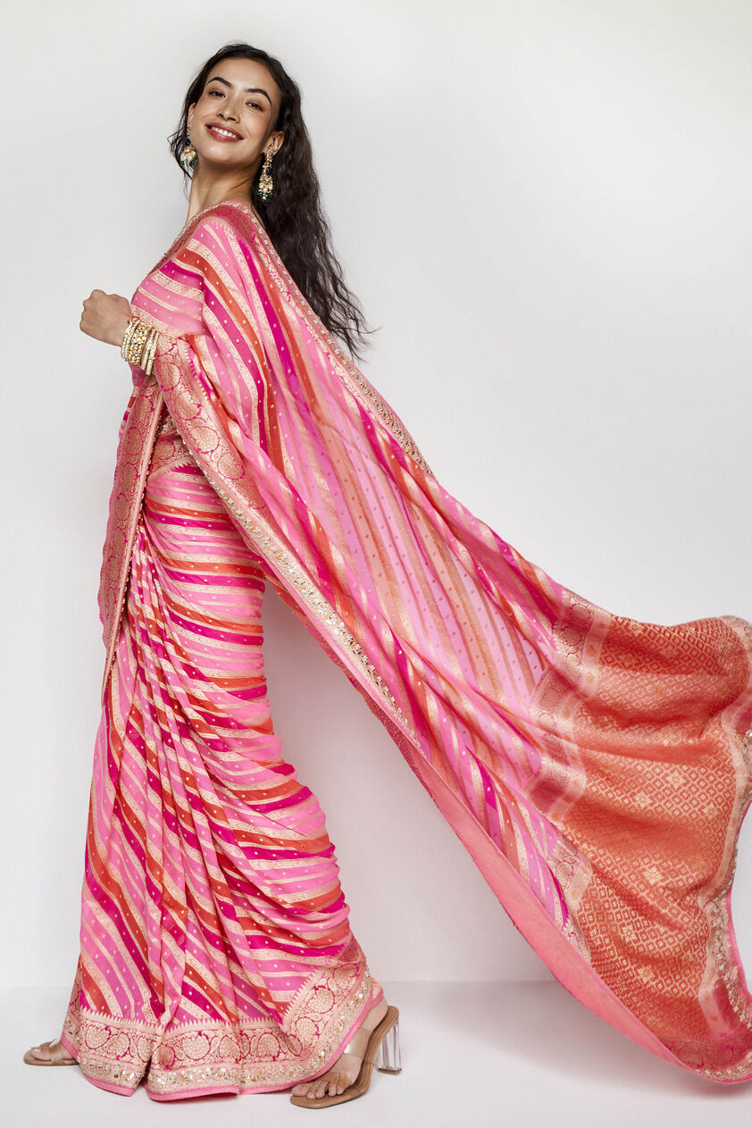 Aheli Benarasi Silk Embroidered Saree - Pink, Pink, image 4