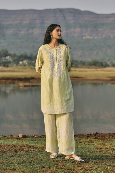From The Mountain Hand-embroidered Chikankari Co-ord  - Lime