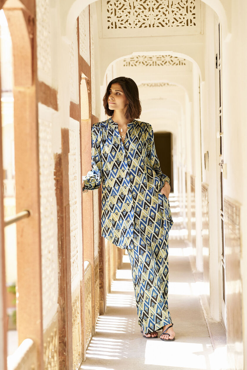 Mangave Ajrakh Hand-block Printed Coord - Green, Print, image 1