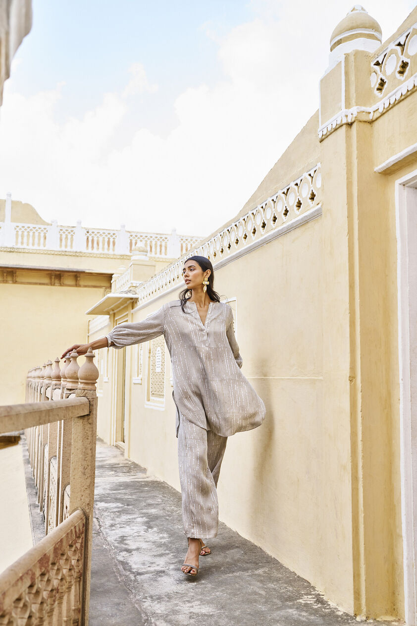 Drift Hand-block Printed Gold Khadi Coord - Grey, Grey, image 1
