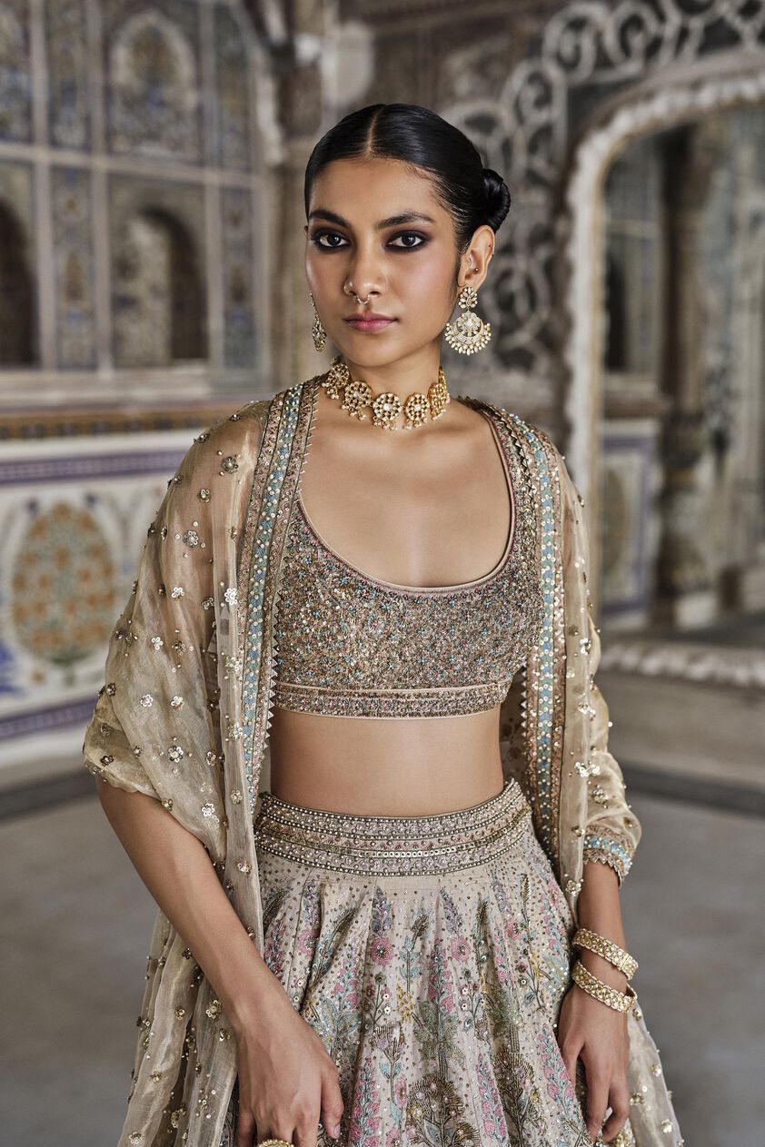 Suramya Embroidered Zardozi Silk Lehenga Set - Gold, Gold, image 4
