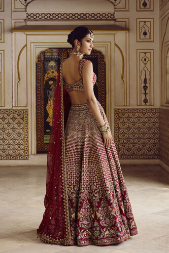 Almika Embroidered Silk Lehenga Set - Ruby, Ruby, image 2