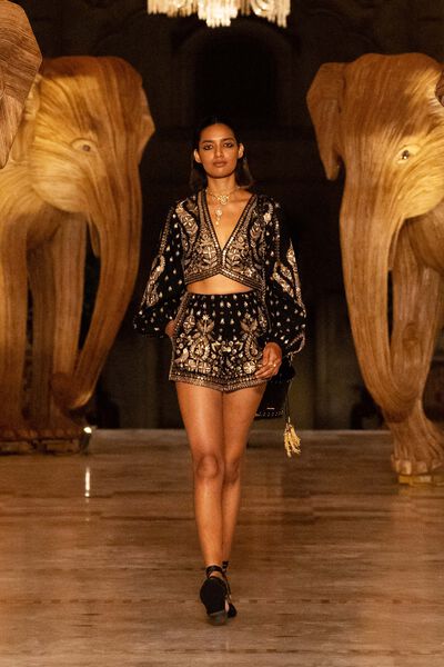 Into The Wilderness Embroidered Zardozi Silk Shorts Set - Black