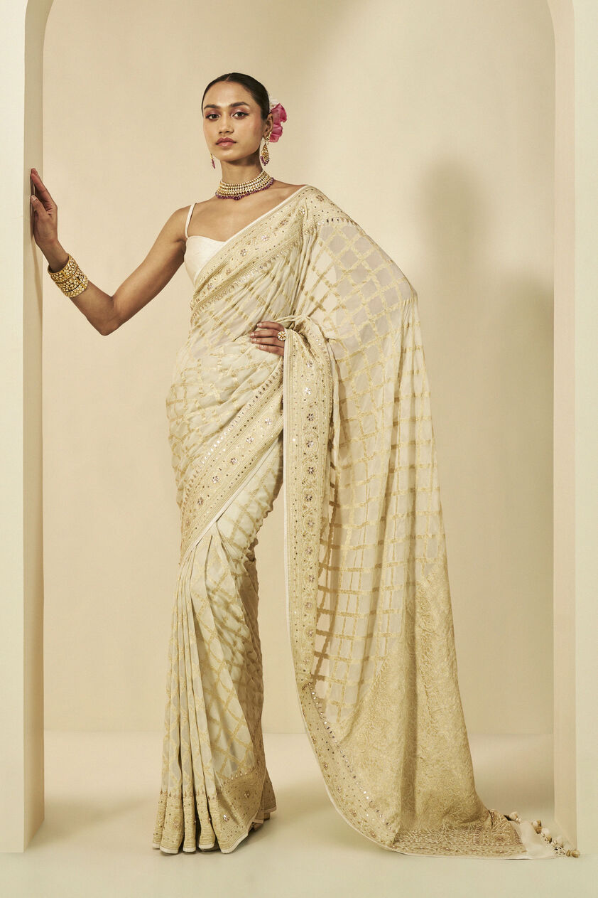 Manjari Benarasi Silk Gota Patti Saree - Cream, Cream, image 1