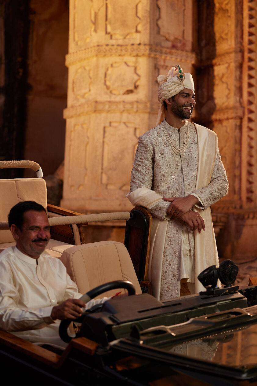 Devarsh Gota Patti & Aari Silk Sherwani - Ivory, Ivory, image 4