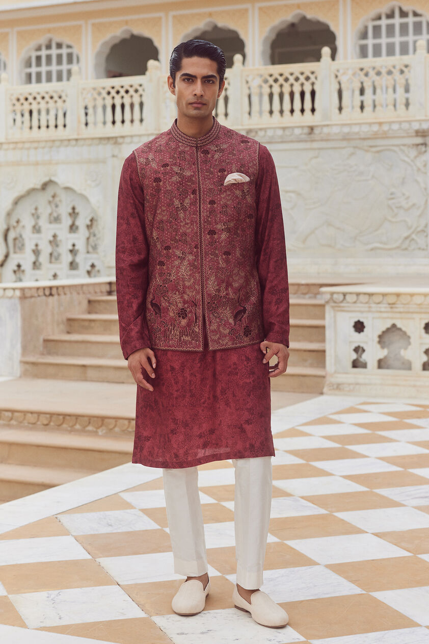 Jalaj Silk Nehru Jacket - Wine, Wine, image 1