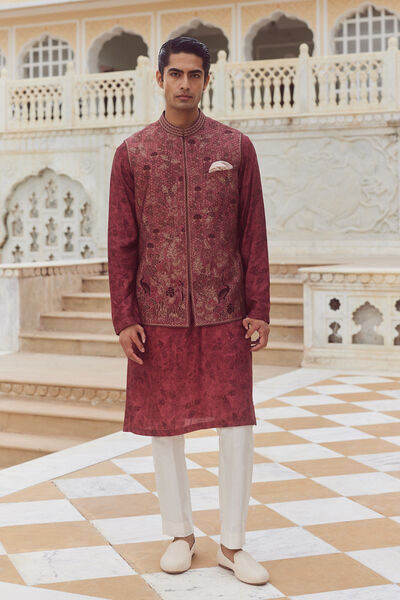 Jalaj Silk Nehru Jacket - Wine